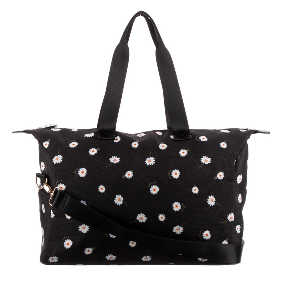 Alice + Olivia NWT Black Canvas Duffel/ Travel Bag with Daisy Print - Picture 2 of 6